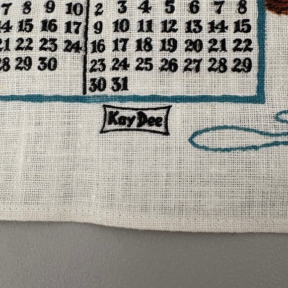 VTG 1979 Kay Dee Calendar Tea Towel Linen Kittens Mice Butterfly Fish Bowl - Picture 6 of 9